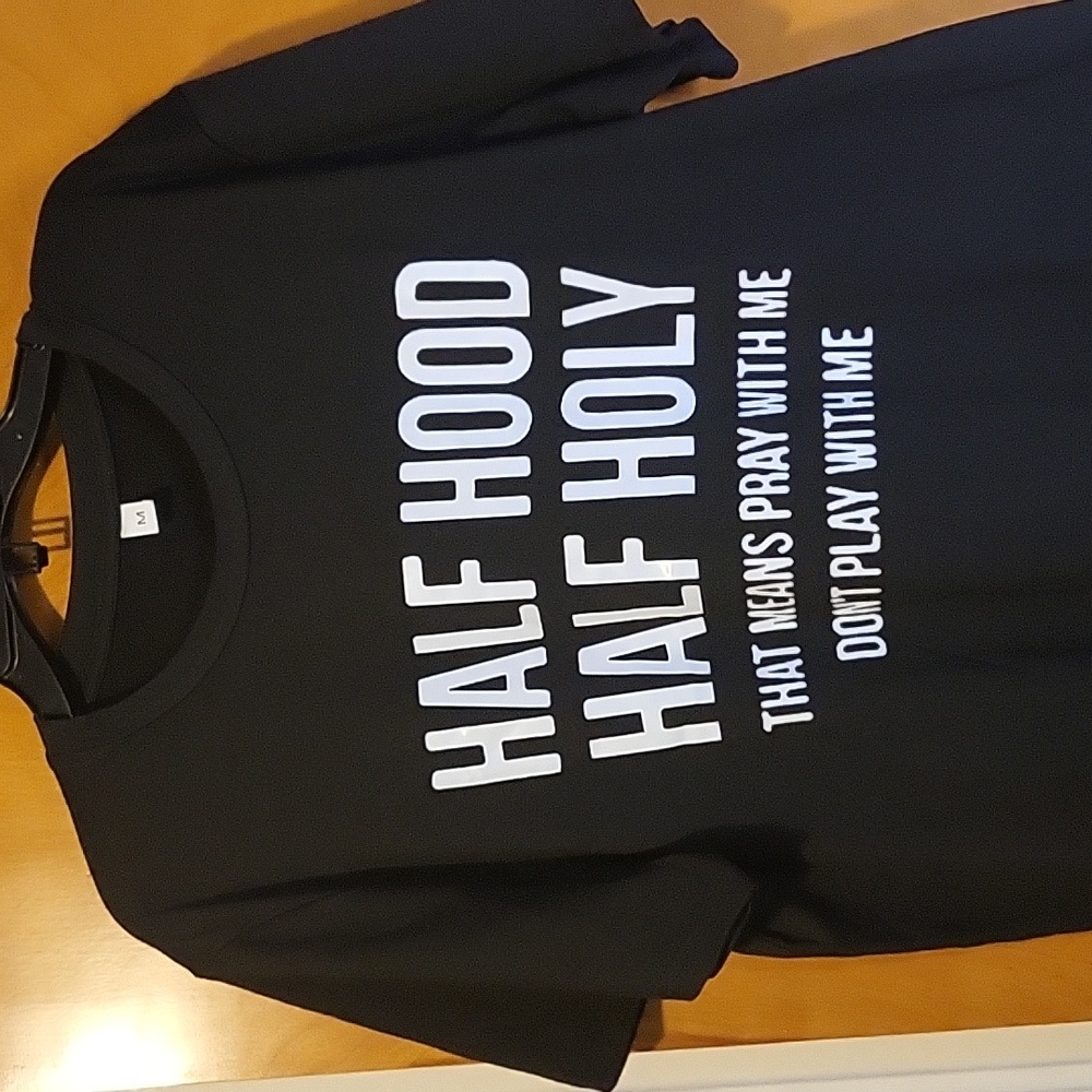 Womens Black / White "Half Hood, Half Holy" Short Sleeve T-shirt - Picture 3 of 5